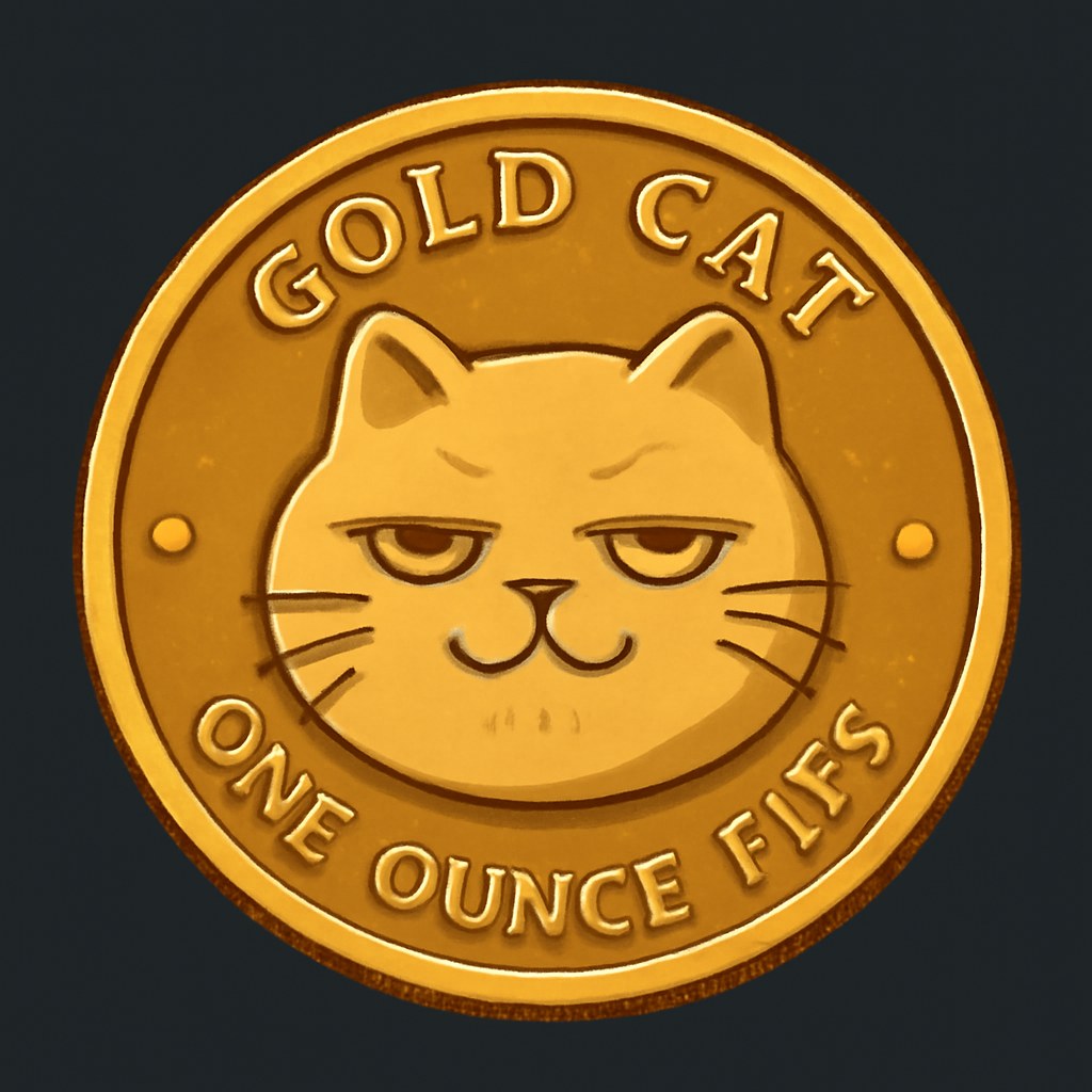 A round gold coin struck with a smug cat face in raised relief, reading GOLD CAT and ONE OUNCE FINE around the rim